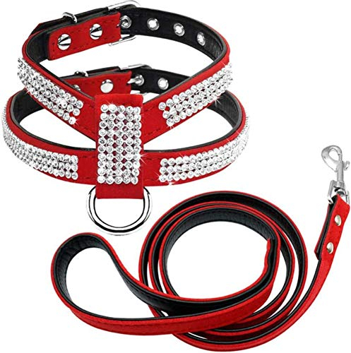 Wuqing Hundegeschirr mit Strasssteinen, Leder, Welpen, Katzengeschirr, Weste, Leine, Set für kleine, mittelgroße Hunde, Chihuahua, Rot, S