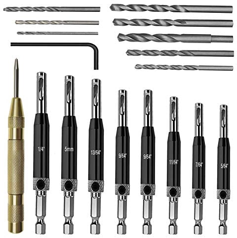 Create idea 18Pcs Hinge Drill Bit Set, Self Centering Drill Bits Center Punch L-Wrench with Replacement Drill Bits for Woodworking Door Window Cabinet Drawer Drilling Tools
