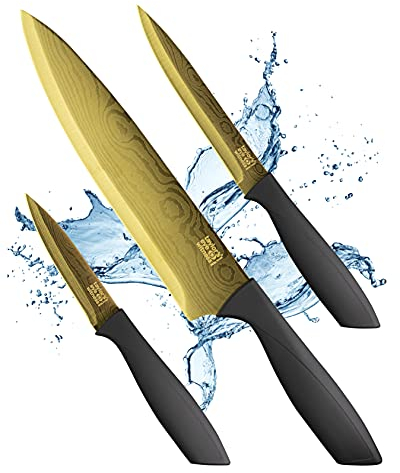 Gold Damask 3pce Kitchen Knife Set - 9cm/3.5” Paring, 13cm/5” Utility, 20cm/8” Chef. Golden Damascus Effect, Titanium Coated, Stainless Steel Blades