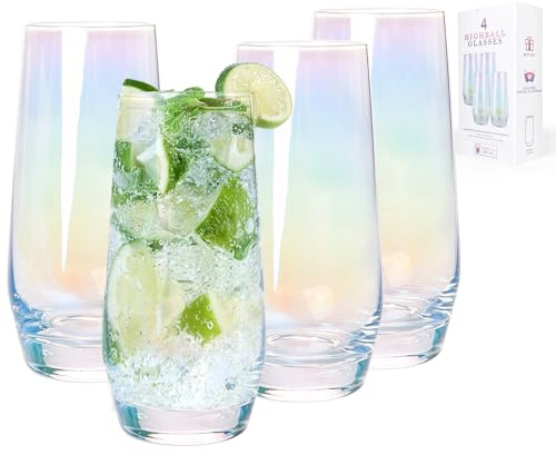 Swetwiny Colorful Highball Glasses, 18.5 Ounce Iridescent Glassware Set of 4 Lead-Free Crystal Glassware for Mixed Drinks, Juice, Cocktail, Gift Package (Colorful)