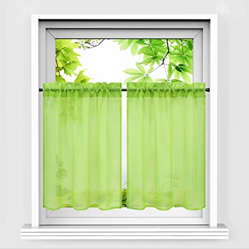 HeichkelL Scheibengardinen 2er Set Bistrogardine Voile Transparent Paarig Kurzstores Einfarbige Fensterschals Küche Vorhang Grün BxH 66x92 cm*2