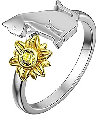 Dishowme Sunflower Cat Ring Crystal Kitty Open Band Ring verstellbare Blume Zirkonia Schmuck für Frauen Mädchen Teens
