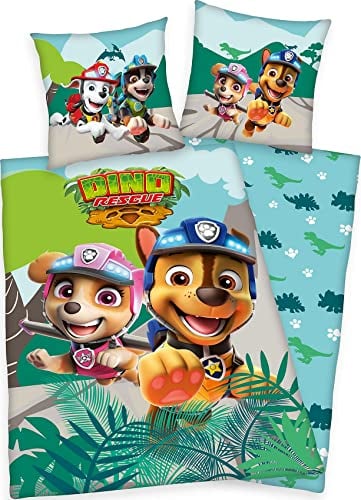 Herding Bettwäsche Paw Patrol Dino Rescue, Kopfkissenbezug 80 x 80 cm mit Wende-Motiv, Bettbezug 135 x 200 cm, Mit Reißverschluss, 100% Baumwolle/Renforcé