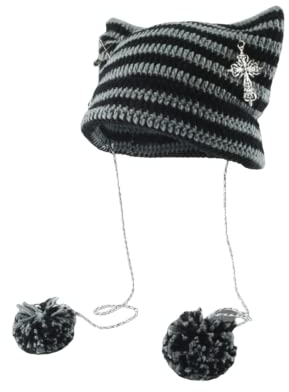 Häkelmützen für Damen, Vintage-Mütze, Fuchsmütze, Grunge-Gothic-Mütze, Y2K-Zubehör, lässige Beanies für Damen, Grau / Schwarz, Medium