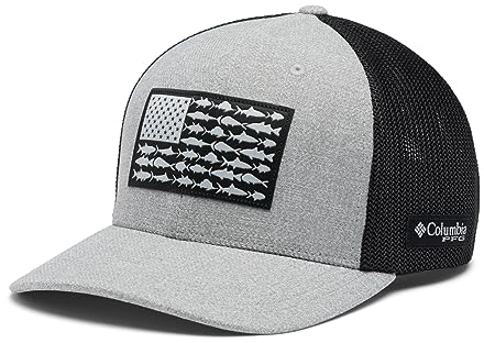 Columbia Unisex PFG Fischflagge Mesh Ball Cap-High Crown, Cool Grey Heather/Grill/US Fish Flag, Small/Medium