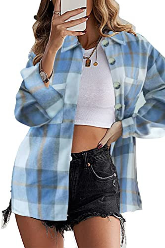 HVEPUO Veste chemise à carreaux Shacket à manches longues Chemisier Manteau en flanelle, b-bleu, XL