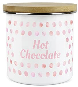 Purely Home Pink Polka Dots Spots Hot Chocolate Canister - White Metal Enamel Kitchen Food Storage Container
