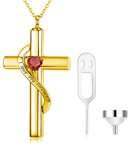 SOULMEET Crystal Cross Halskette für Asche Sterling Silber Ich liebe dich für immer Birthstone Kreuz Urne Halsketten für Keepsake Kremation Schmuck für Haustier menschlichen Asche