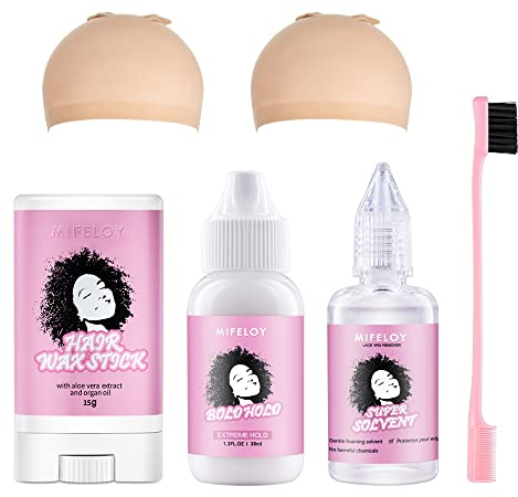 6 Stück Perückenset für Anfänger Cosplay Frauen Mädchen, Ersatz Klebstoff unsichtbar Bonding Kleber, Perücke Kleber Entferner, Haar-Styling Wachs Klebestift, Net Wig Caps, Rosa Rand Kontrolle Pinsel