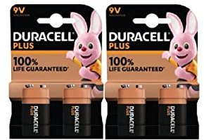 4X Duracell 9V Plus 6LR61/MN1604 Alkaline (2 Blister Packs of 2 Batteries) 4 Batteries