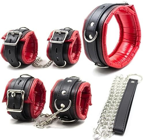 Vielretude Rot Schwarz PU Leder Handschellen Fuß Manschetten Kragen Abnehmbare Einstellbare Bondage Gürtel Manschette Erotische Bondage Set BDSM Fesseln Spielzeug (Halsbänder+Handschellen+Fußfesseln)