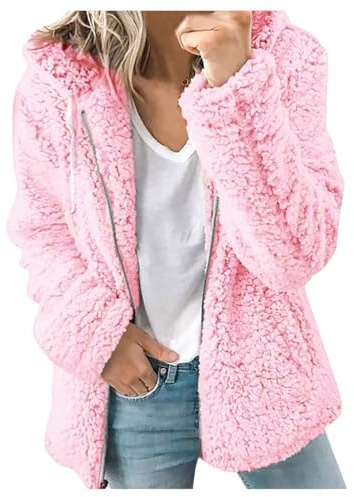 Archedeer Fleecejacke Damen mit Kapuze Winter Warm Super Weich und bequem Flanell Kapuzenpullover Teddyjacke Sweatshirt Reißverschluss Langarm Oberteile Top Frauen Mantel Kapuzenjacke,Rosa,L