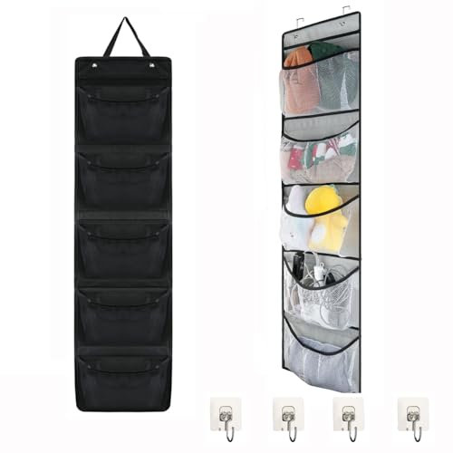 Over Door Hanging Storage, 2PCS Back of Door Organizer Bag with 5 Mesh Pockets, Bedroom Bathroom Wall Closet Wardrobe Shelves Foldable Organiser for Toys Clothes Wallets Towels Nappies, Grey Black