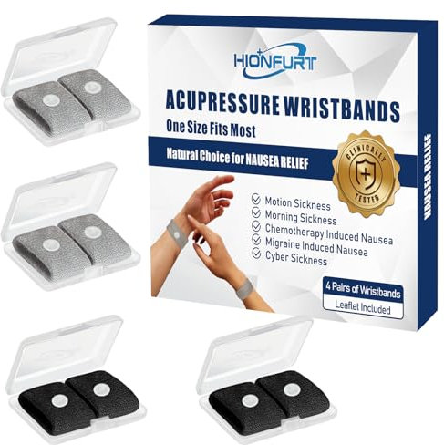 Hionfurt Akupressur Armband Gegen Übelkeit für Erwachsene und Kinder Akkupressurarmbänder für Reiseübelkeit Seekrankheit Reisekrankheitsbänder Gegen Morgenübelkeit -4 Paar Grau, Grau, Schwarz, Schwarz