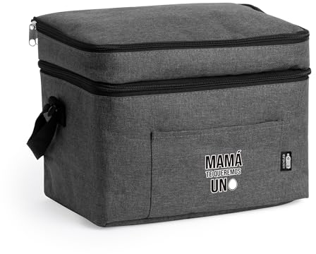 Mundohuevo Nevera con Frase “Mamá, te Queremos un Huevo“| Doble Compartimento con Bolsillo Central| Bolsa térmica Gris| 14L| Regalo día de la Madre.