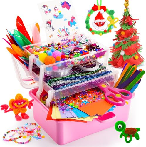 Bastelset Kinder ab 3-9 Jahre, 4000+ Stück mit Einhornstickern - DIY Kreativset für Mädchen 3-12 Jahre - Geschenk für Geburtstag, Halloween & Weihnachten - Inkl. Pfeifenreiniger, Pompons & Pailletten