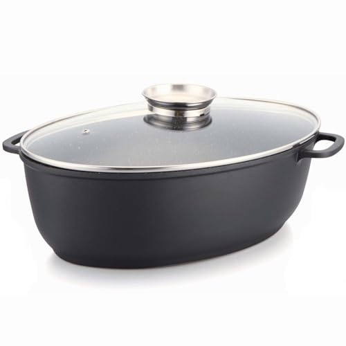 4BIG.fun Ovaler 7,3 L Universalbräter mit Deckel Aluguss Bräter Antihaftbeschichtung Schmortopf Aroma-Glasdeckel Induktionsgeeignet Schmorpfanne Gänsebräter Bratentopf Entenbräter