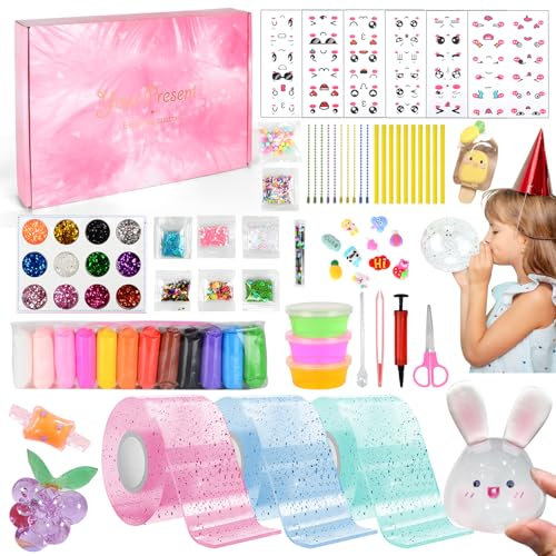 Nano Tape Bubbles Set, 3 Rollen Nano Tape Kit mit Slime, Pailletten, Glitzerpuder und Aufklebern, DIY Bubble Tape Nano Klebeband Doppelseitig Blowing Bubble Tape Geschenk Bastelsets für Kinder