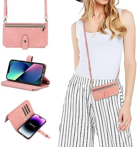 GoodcAcy Handyhülle für iPhone XS/iPhone X Hülle mit Band, Leder iPhone XS/iPhone X Handytasche Handyhülle Praktische Handykette Kartenfächer Umhängetasche iPhone XS/iPhone X Case,Rosa