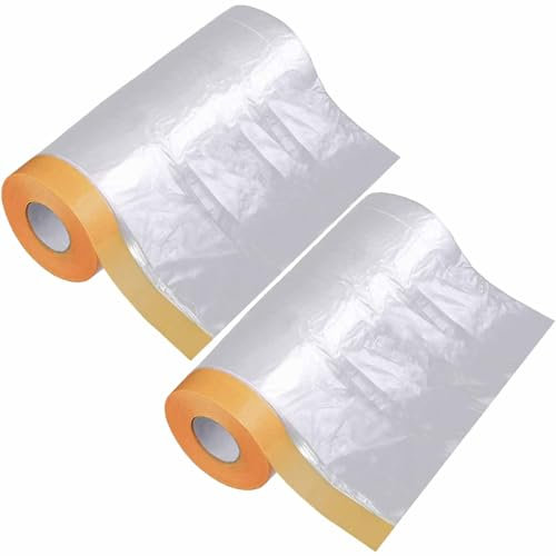 HRJZF 2 Pack 4.9 x 65.5 feet Dust Sheet Roll - Masking Film for Painting,Dust-Proof & Waterproof Adhesive Plastic Dust Sheets for Spray Painting, Decorating, Flooring, Furniture Covering