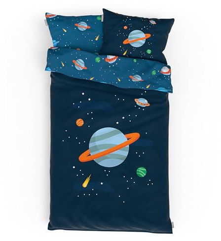 Bärenwerke MB 1013 A Kinderbettwäsche Weltraum 100x135 cm - 100% Baumwolle, Reißverschluss, maschinenwaschbar, 2-teiliges Bettwäscheset für Kinder