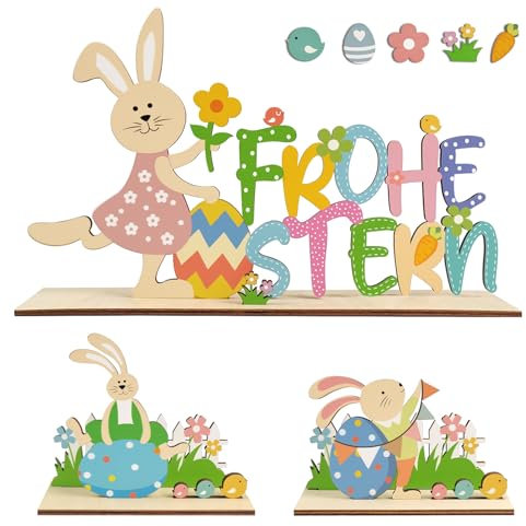 BOYATONG Osterdeko, Ostern Deko Ostern Tischdeko 53 Stück Frohe Ostern Schriftzug Aufsteller, Osterhasen Holz Osterdekoration für Kinder Geschenk Frühling Dekoration