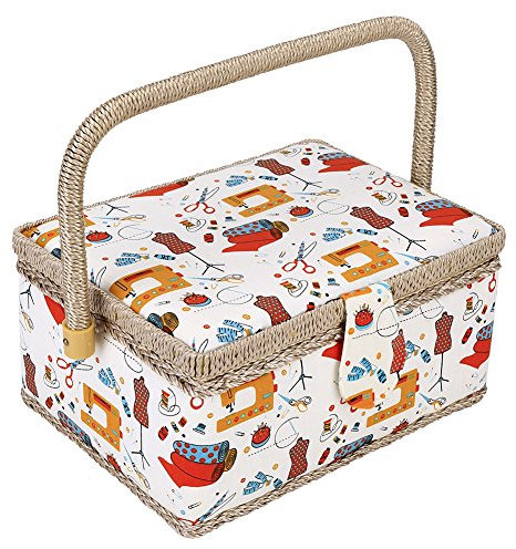 Näh-Organizer-Box, Stoffhandwerk, handgefertigter Nähkorb, Nähset-Aufbewahrungsbox mit herausnehmbarem Tablett, integriertem Nadelkissen und Innentasche (Orangefarbener Nadelfaden)