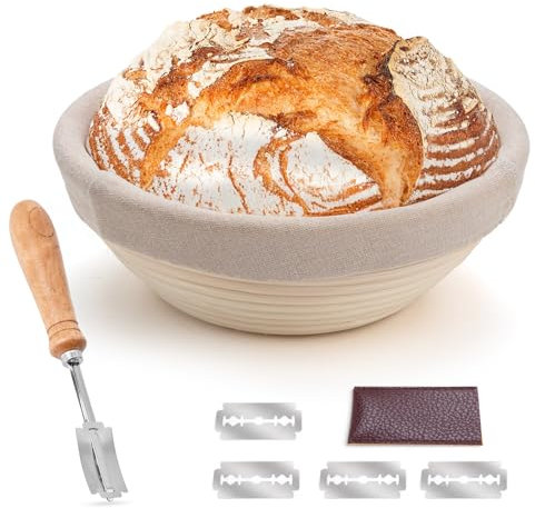Gärkorb Set, PITCH PULSE Brot Gärkörbchen aus Naturrattan zum Brot backen, Brotkörbchen, Brotform(23cm rund)
