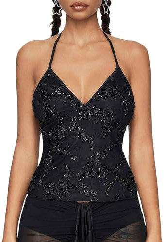 SOLY HUX Damen Träger Top Sommer Pailletten Tops Y2K Camisole Sommertop Rückenfrei Oberteile Schulterfrei Neckholder Crop Top mit V Ausschnitt Schwarz M