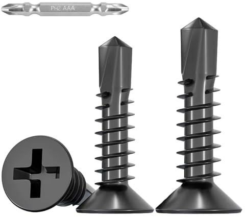 FandWay 100 Pièces Vis Autoforeuse Metal Noir,M4.2x19mm Vis à Tôle Autotaraudeses et Autoperceuse Autoperforante Inox 410 Cruciforme Tête Fraisée Plate pour Aluminium Bois Tôle Plastique.