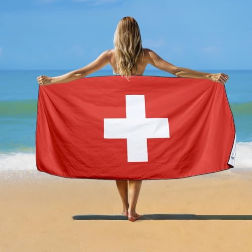 YISUMEI Schweizer Flagge Strandtuch XXL 180x90cm - Schnelltrocknendes Mikrofaserhandtuch mit Tasche, Saugstark Sandfrei - Leichtes Reisehandtuch für Strand, Pool