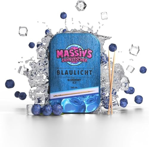 Massiv’s Zahnstocher - Palillos con sabor - BLAULICHT Blueberry Ice - 100 palillos con sabor - Aliento fresco - Caja metálica estilizada - Vegano, Sin azúcar - higiene bucal - contra morderse las uñas