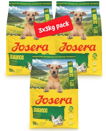 JOSERA Balance | 3X 3 kg | Trockenfutter für ältere Erwachsene Hunde | Senior | Huhn & Reis | Glutenfreies Premiumfutter phosphorarm - mit wenig Fett & Protein speziell für Senioren