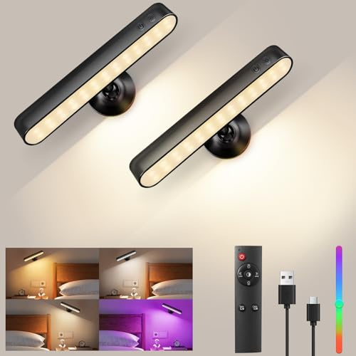 Akku Wandleuchten，3 Farbtemperaturen + 15 RGB-Farblichter，Wiederaufladbare LED-Wandleuchte für Schlafzimmer mit Touch- und Fernbedienungsfunktion，Dimmbar Drahtlose Wandleuchte，360° Drehbar, 2 Stück