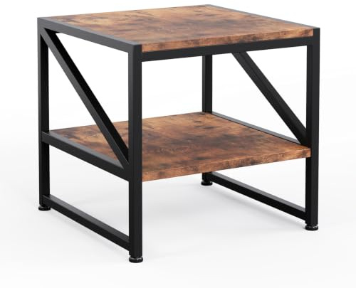 Beistelltisch Wohnzimmer 50x50 cm, Couchtisch mit 2 Ebenen bis 90 kg belastbar, Industrie-Design Sofatisch mit Metallgestell, Vielseitiger Mini Kühlschrank Ständer Aquariumständer Druckertisch, Braun