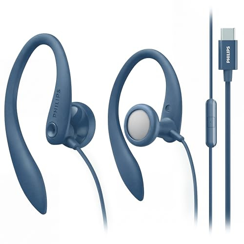 Philips Crochet d'oreille filaire avec microphone, écouteurs de sport supra-auriculaires à ajustement sécurisé, basses profondes de 15 mm, commandes en ligne, écouteurs Plug-and-Play (bleu, USB-C avec