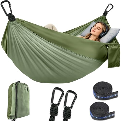 NXPZ Hängematte Outdoor, Doppel Camping Hängematte 300x200 cm, Tragkraft 300kg, Atmungsaktives Fallschirm Nylonmaterial, Ultraleicht Reise Hängematte, für Camping, Garten, Balkon (Grün)
