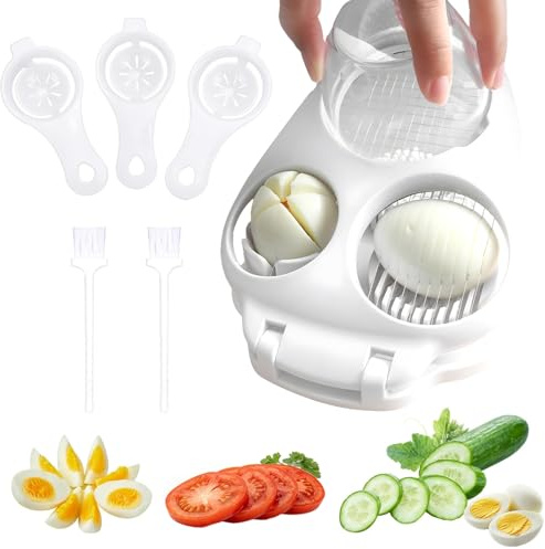 SoeUyd 3 in 1 Eierschneider Edelstahl, Egg Slicer mit Transparenter Schale, Eischneidewerkzeug mit Schneiddrähte, Drei-in-Eins-Eierschneider, zum Schneiden von Eiern, Erdbeeren, Butter Usw