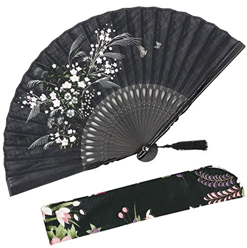 OMyTea Grassflower Folding Hand Held Fan for Women - Chinese/Japanese Vintage Retro Style - With a Fabric Sleeve for Protection (Black)