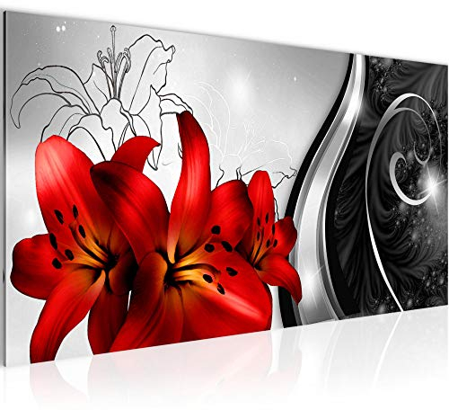 Runa Art Wandbild Blumen Lilien 1 Teilig 100 x 40 cm Modern Bild auf Vlies Leinwand Rot Wohnzimmer Schwarz Weiss 208412c