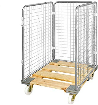 E.S.B. Drahtgitterbehälter mit Holz-Rollplatte, 3-seitig, Nutzhöhe 1020 mm - Transportroller Transportcontainer Materialcontainer Transportroller Transportcontainer Materialcontainer Transportroller