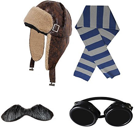 I LOVE FANCY DRESS LTD FLIEGERMÜTZE/RUSSENMÜTZE +Schwarze Googles + SCHNÄUTZER = 4 VERSCHIEDEN FARBENDEN SCHALS = HELLES TEDDYFELL IN Innenseite = MÜTZE MIT OHRKLAPPEN + BLAU/Grauer SCHAL