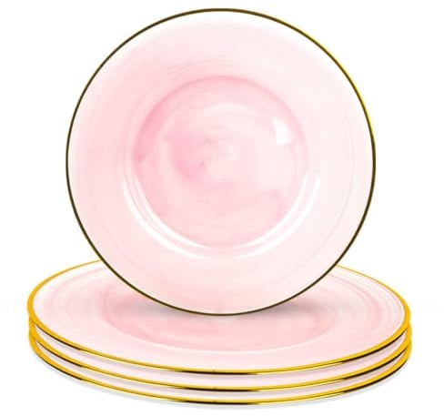 Koyal Wholesale Vintage Pink Glass Charger Plates, Gold Rimmed, Bulk Set of 4