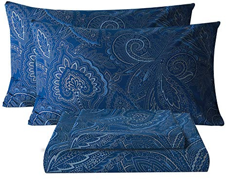 Bedlifes Bettwäsche-Set für King-Size-Bett, ultraweich, atmungsaktiv, seidige Blumen, Tiefe Taschen, 100% Mikrofaser, 4-teilig, King-Size, Paisleymuster, Dunkelblau