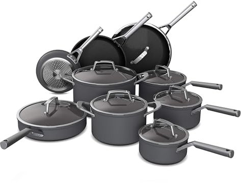 Ninja C39900 16-Piece Cookware Set Foodi Neverstick, Premium Anti-Scratch Nesting Pots & Pans with Lids, Aluminum, Slate Gray