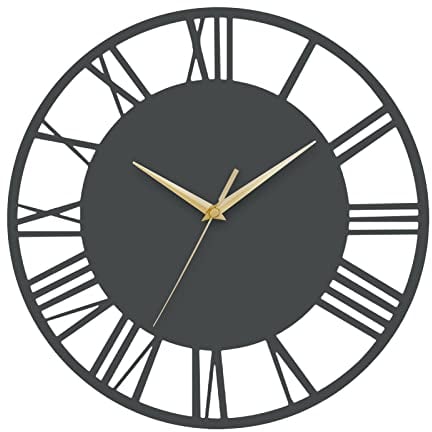 Warmiehomy Große Wanduhr, 30 cm, runde Wanduhr, Vintage, römische Ziffern, geräuschlos, nicht tickend, hängende Uhr für Zuhause, Garten, Büro, Restaurant, Hotel, Café, grau, goldener Zeiger