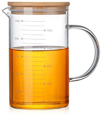 1000ML Glass Measuring Cup,Borosilicate Glass Measuring Beaker Jug with Lid Handle,V-Shaped Spout,Large 1 Liter Measuring Vessel Cup for Hot/Cold Liquid for Kitchen Baking Cook,Easy to Read & Clean
