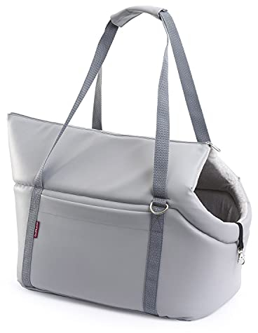 Transporttasche für Hunde und Katzen | Schultertasche für Haustiere mit Gummiband mit Karabiner | bis 15 kg | Material: Kunstleder | Größe: L | Farbe: Grau