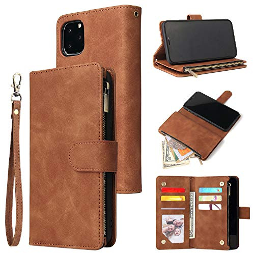 QLTYPRI Étui portefeuille en cuir pour iPhone 11, grande capacité avec 6 porte-cartes et 1 poche zippée, béquille, dragonne, coque de protection magnétique pour iPhone 11 (6,1 pouces) – Marron