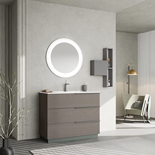 KIAMAMI VALENTINA - Badezimmerschrank Set | 100CM Standwaschtisch mit 3 Schubladen | Runder LED Spiegel | Keramik Waschbecken | Elegantes Aschgrau, Esche Grau, 100CM + Runder Spiegel, Keramik